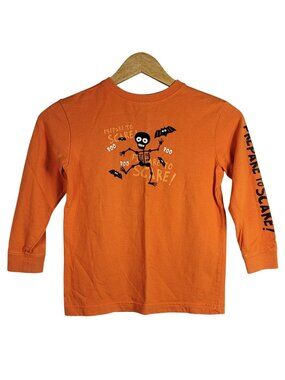 Prepare to Scare Kids Halloween T Shirt Orange XS Long Sleeve Skeleton Boo Bats